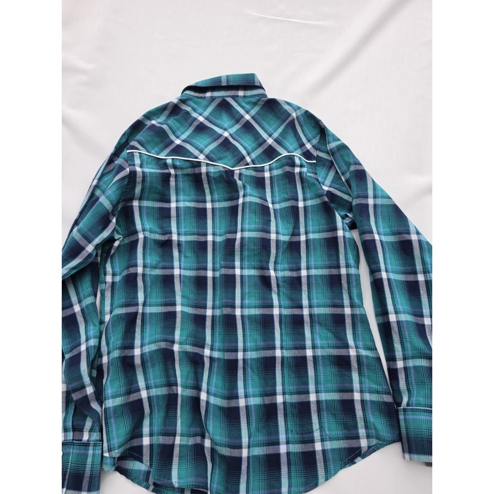 Western Cowgirl Plaid Pearl Snap Shirt Women L Embroidered Rodeo Y2K Teal Blue - Picture 2 of 6